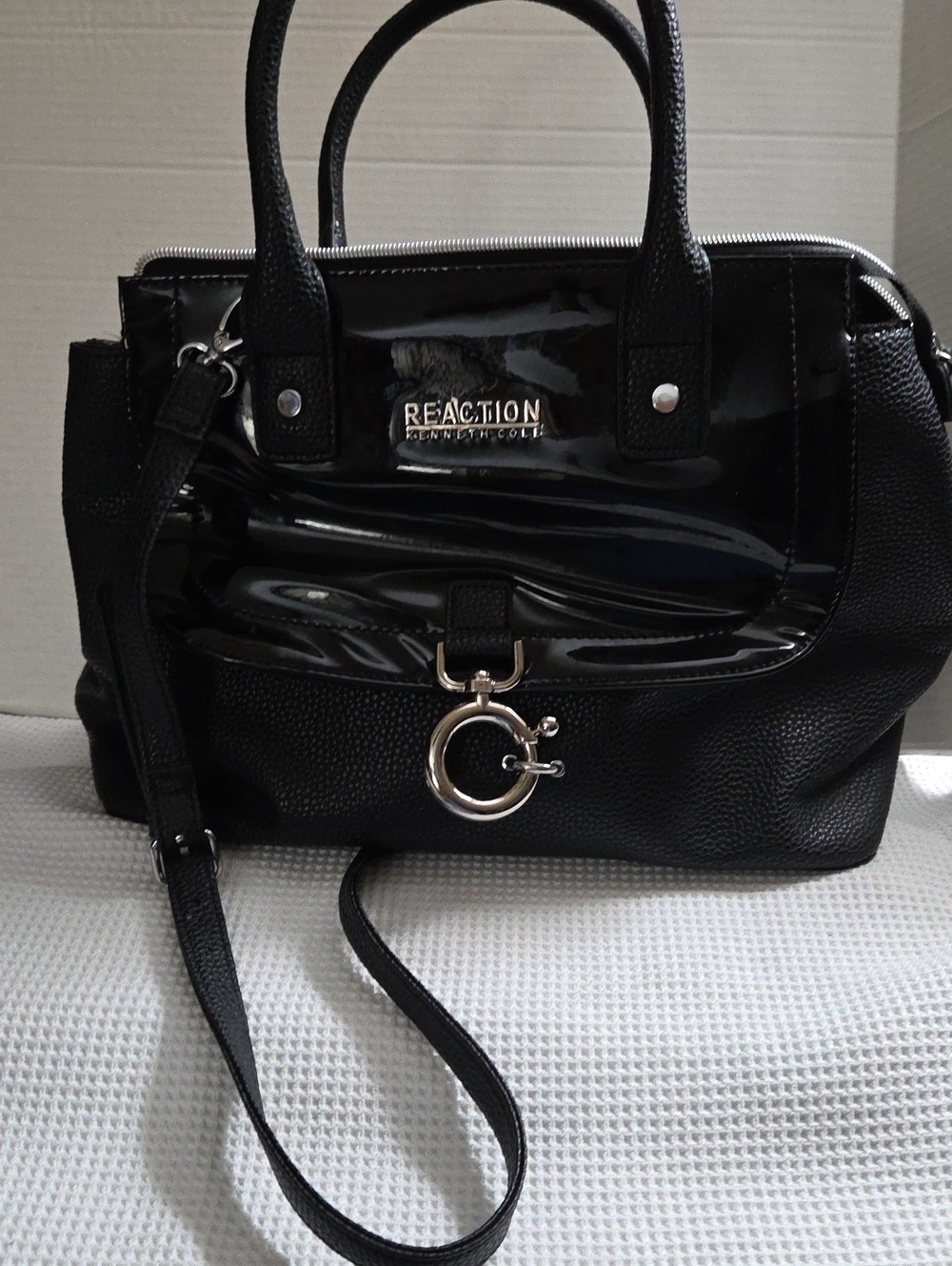 Kenneth Cole Reaction Black Patent & Pebble Leather Crossbody Satchel